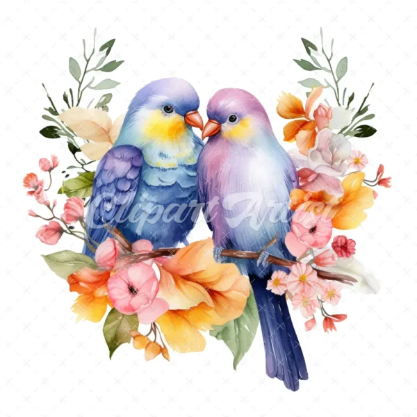 20 High-Quality Floral Love Birds Clipart - Floral love birds digital watercolor JPG instant download for commercial use - Digital download