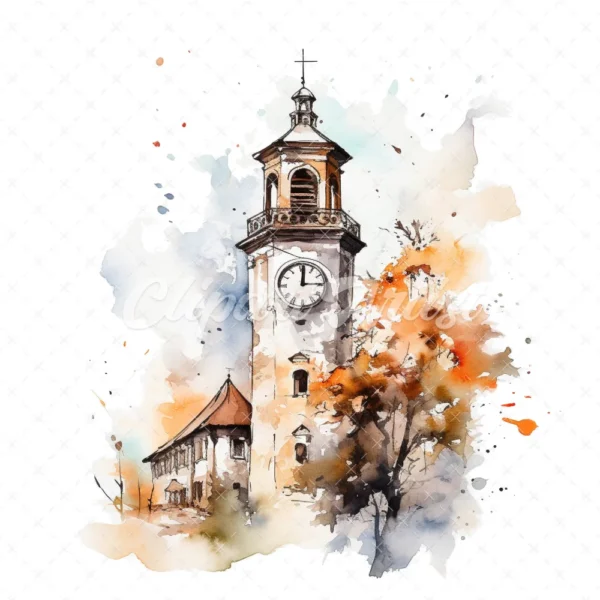 20 High-Quality Bell Tower Clipart - Bell tower digital watercolor JPG instant download for commercial use - Digital download