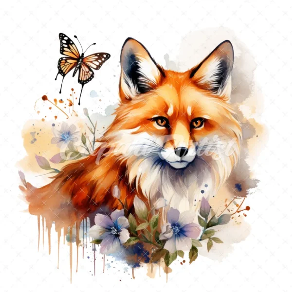 19 High-Quality Fox and Butterfly Clipart - Fox and butterfly digital watercolor JPG instant download for commercial use - Digital download