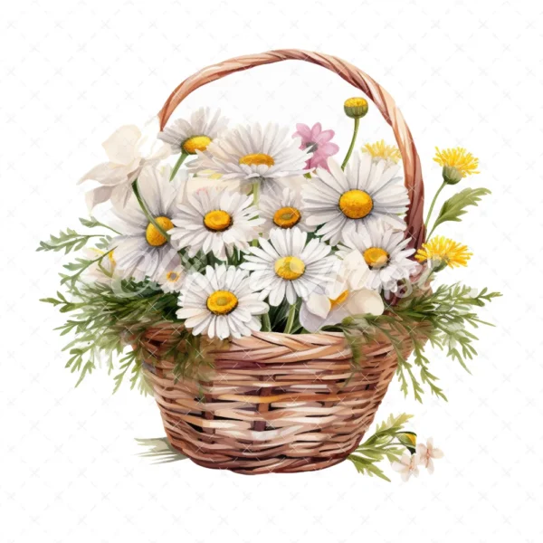 20 High-Quality Daisies Basket Clipart - Daisies basket digital watercolor JPG instant download for commercial use - Digital download