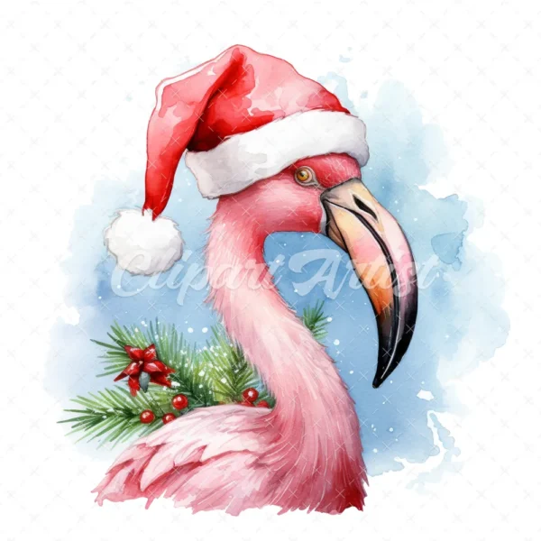 20 High-Quality Flamingo Santa Hat Clipart - Flamingo hat digital watercolor JPG instant download for commercial use - Digital download