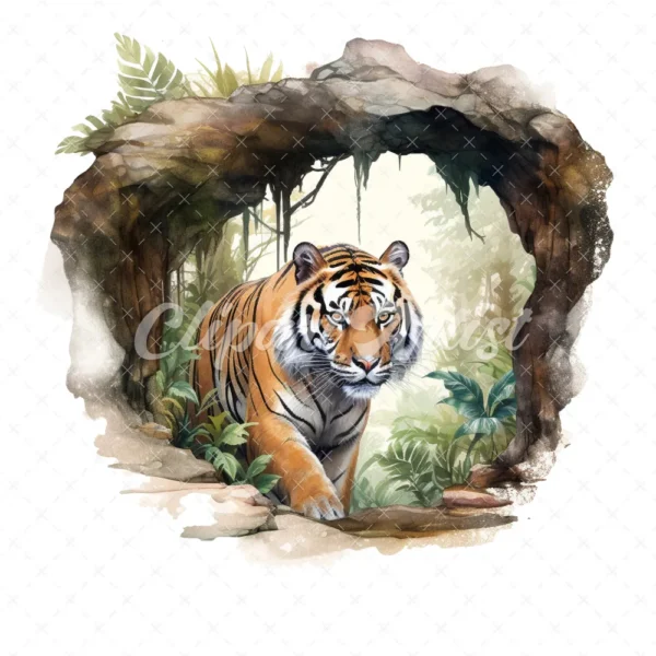 20 High-Quality Forest Cave Tiger Clipart - Cave tiger digital watercolor JPG instant download for commercial use - Digital download