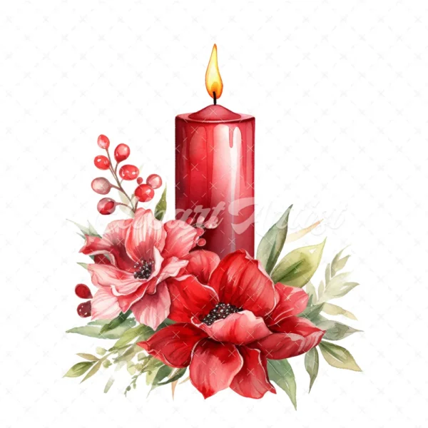 20 High-Quality Red Floral Candles Clipart - Red candle flower digital watercolor JPG instant download for commercial use - Digital download