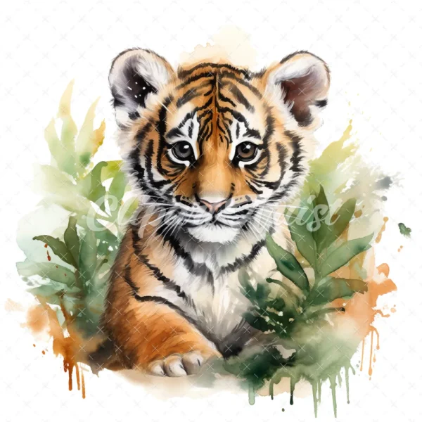 20 High-Quality Forest Tiger Cub Clipart - Forest tiger cub digital watercolor JPG instant download for commercial use - Digital download