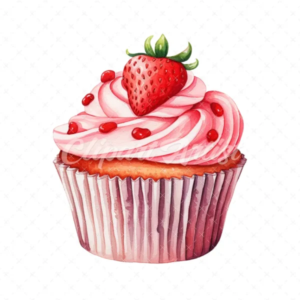 20 High-Quality Strawberry Cupcake Clipart - Cupcake digital watercolor JPG instant download for commercial use - Digital download