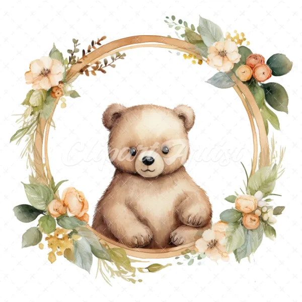 20 High-Quality Bear In Round Frame Rack Clipart - Bear frame digital watercolor JPG instant download for commercial use - Digital download