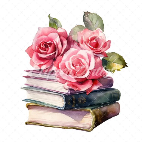 20 High-Quality Rose Books Clipart - Rose books digital watercolor JPG instant download for commercial use - Digital download