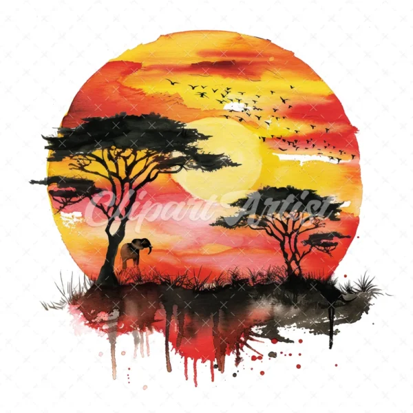 21 High-Quality African Sunset Clipart - African sunset digital watercolor JPG instant download for commercial use - Digital download