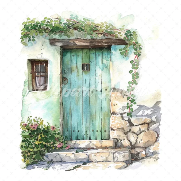 20 High-Quality Doors on Countryside Clipart - Floral doors digital watercolor JPG instant download for commercial use - Digital download