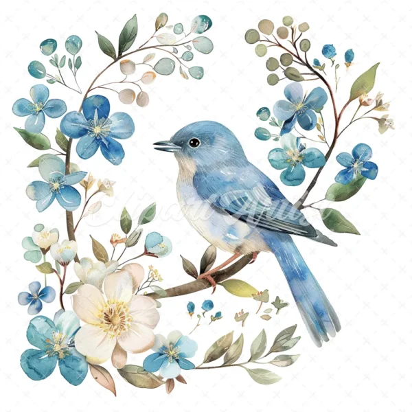 20 High-Quality Blue Bird Floral Clipart - Blue bird floral digital watercolor JPG instant download for commercial use - Digital download