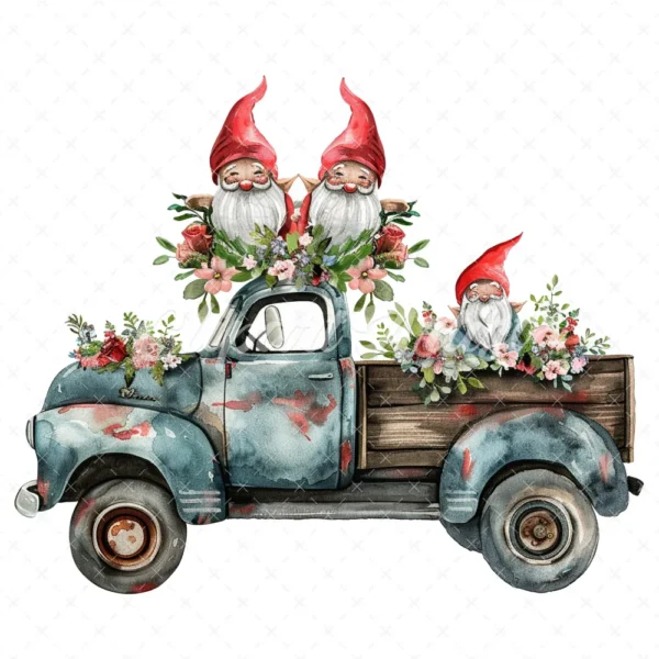 19 High-Quality Gnomes in Pickup Truck Clipart - Gnomes pickup digital watercolor JPG instant download for commercial use - Digital download