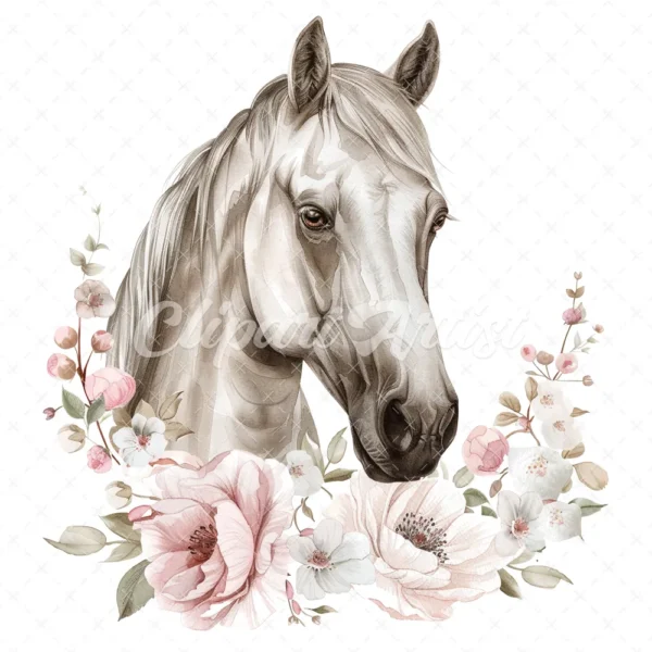 20 High-Quality White Floral Horse Clipart - White horse digital watercolor JPG instant download for commercial use - Digital download