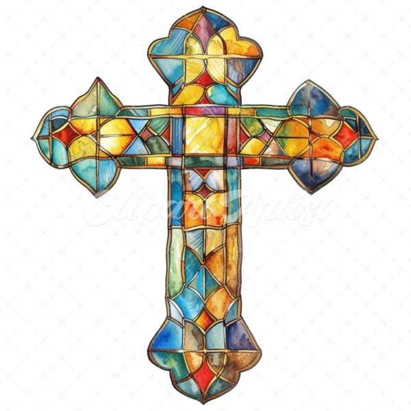 20 High-Quality Stained Glass Cross Clipart - Glass cross digital watercolor JPG instant download for commercial use - Digital download
