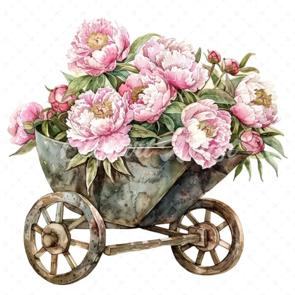 20 High-Quality Peonies Wheelbarrow Clipart - Wheelbarrow digital watercolor JPG instant download for commercial use - Digital download