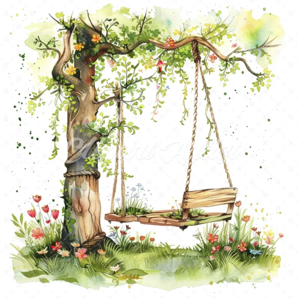 18 High-Quality Tree Swings Clipart - Tree swings digital watercolor JPG instant download for commercial use - Digital download