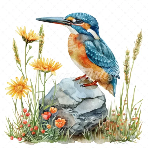20 High-Quality Floral Kingfisher Clipart - Floral kingfisher digital watercolor JPG instant download for commercial use - Digital download