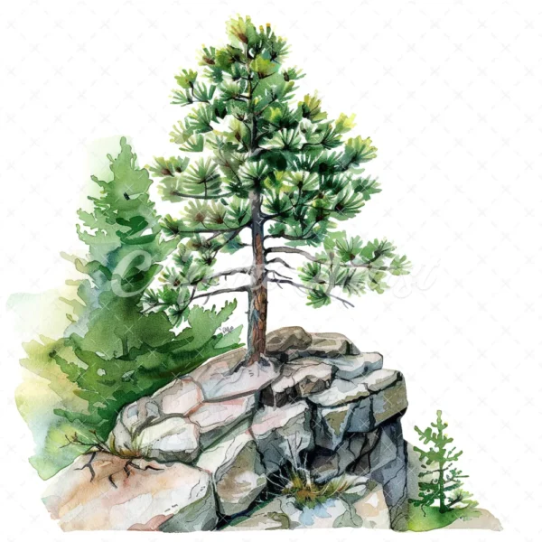 20 High-Quality Pine Trees on Cliff Clipart - Pine trees on cliff watercolor JPG instant download for commercial use - Digital download