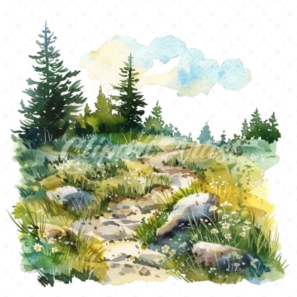 18 High-Quality Spring Meadow Trail Clipart - Spring meadow trail watercolor JPG instant download for commercial use - Digital download