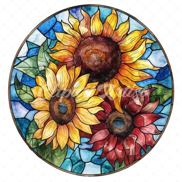 20 High-Quality Stained Glass Sunflowers Clipart - Sunflowers digital watercolor JPG instant download for commercial use - Digital download