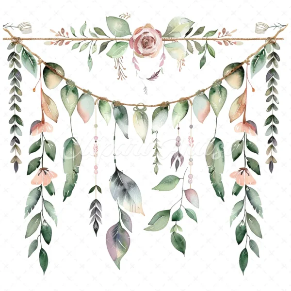 20 High-Quality Boho Leaves Garland Clipart - Boho leaf garland digital watercolor JPG instant download for commercial use -Digital download