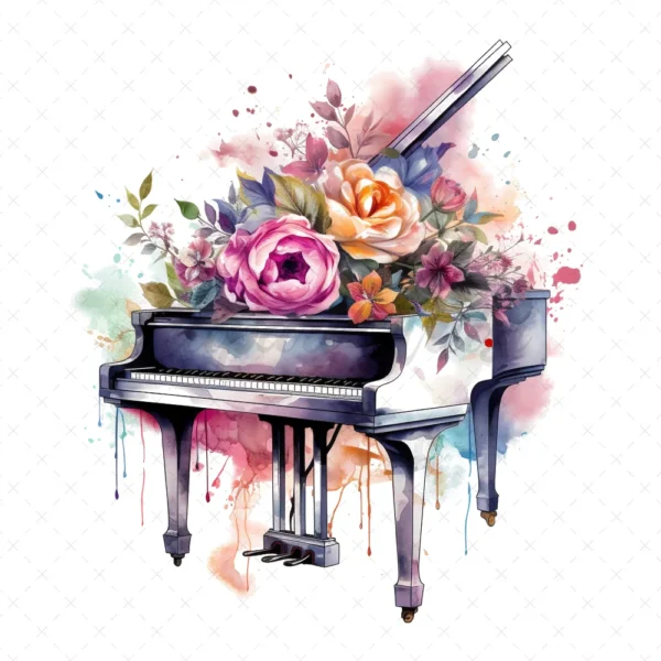 20 High-Quality Floral Piano Clipart - Floral piano digital watercolor JPG instant download for commercial use - Digital download