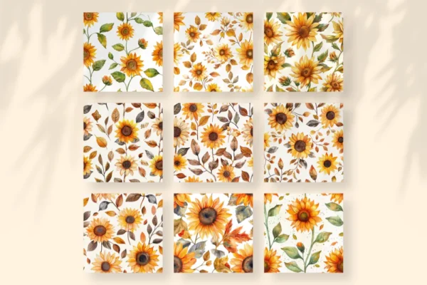 Sunflowers Seamless Digital Paper - 64 Scrapbook patterns, Seamless autumn backgrounds, Fall texture paper, Commercial use, Digital download