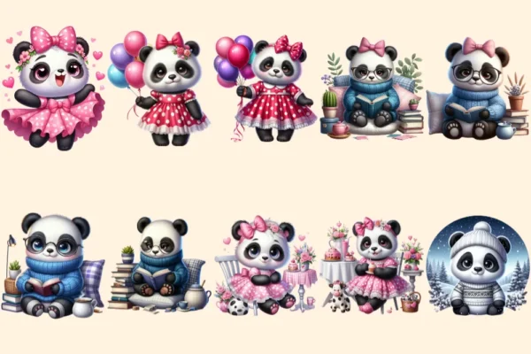 Girl Pandas PNG Clipart Collection - 50 PNG, Charming panda illustrations, Sweet panda printable art, Commercial use, Digital download