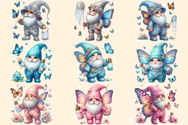 Butterfly Gnomes PNG Clipart Collection - 44 PNG, Gnome gardener graphics, Charming butterfly png, Commercial use, Digital download