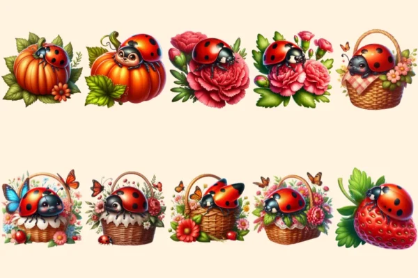 Ladybugs (P-2) PNG Clipart Collection - 54 PNG, Charming little bug illustrations, Lovable red insect art, Commercial use, Digital download