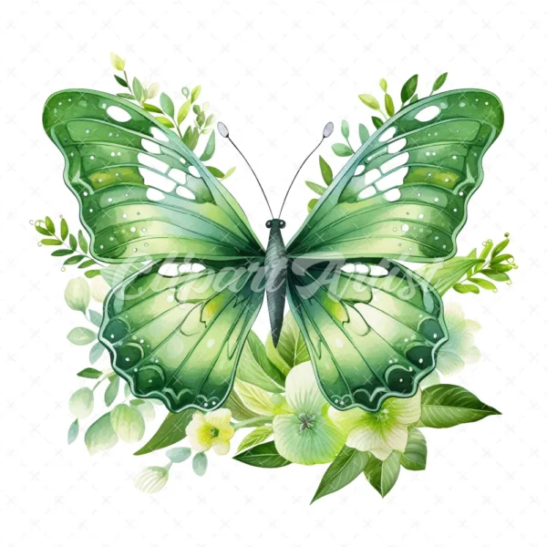 20 High-Quality Green Floral Butterfly Clipart - Butterfly digital watercolor JPG instant download for commercial use - Digital download