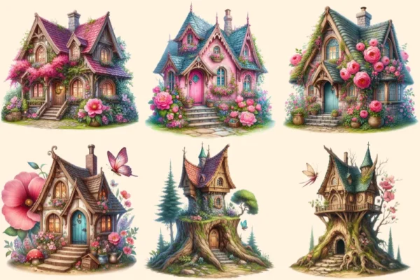 Fairy Houses PNG Clipart Collection - 32 PNG, Whimsical home illustrations, Magical printable art, Commercial use, Digital download