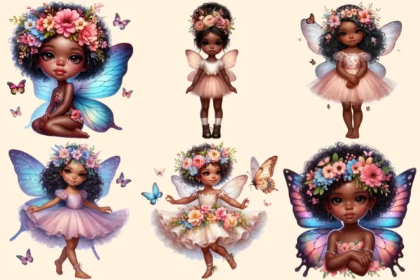 Little Fairies PNG Clipart Collection - 28 PNG, Black fairy graphics, African heritage magic art, Commercial use, Digital download