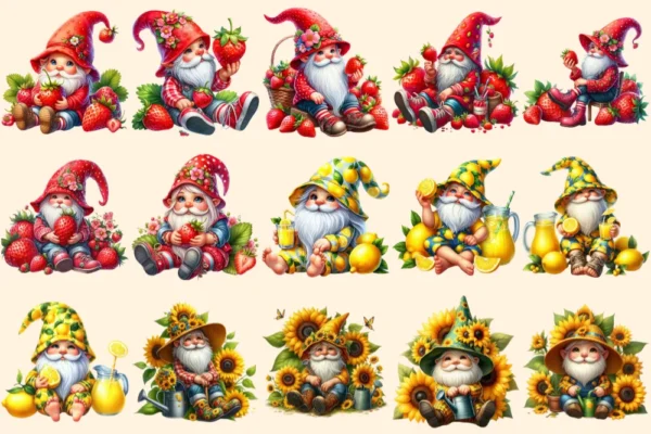 Summer Gnomes PNG Clipart Collection - 70 PNG, Bright summer gnome illustration, Cheerful printables, Commercial use, Digital download