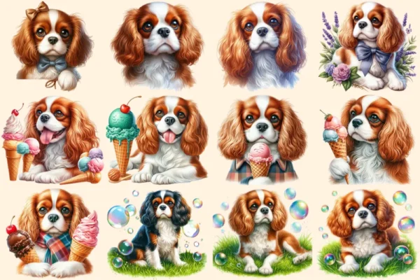 Cavalier King Charles Spaniel PNG Clipart Collection - 53 PNG, Charming dog illustrations, Spaniel art, Commercial use, Digital download