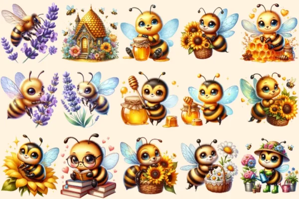 Bee PNG Clipart Collection - 72 PNG, Busy honeybee illustrations, Cute bee printables, Commercial use, Digital download