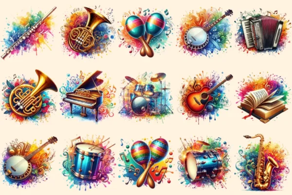 Musical Instruments PNG Clipart Collection - 65 PNG, Colorful music graphics, Instrument printables, Commercial use, Digital download