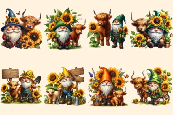 Gnomes With Cows PNG Clipart Collection - 40 PNG, Quirky gnome and cow graphics, Farmhouse prints, Commercial use, Digital download