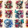 Floral Skulls PNG Clipart Collection - 50 PNG, Dark gothic illustrations, Floral skull printables, Commercial use, Digital download