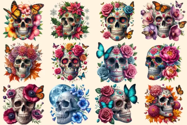 Floral Skulls PNG Clipart Collection - 50 PNG, Dark gothic illustrations, Floral skull printables, Commercial use, Digital download