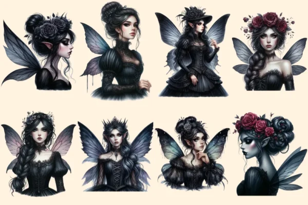 Dark Fairies PNG Clipart Collection - 40 PNG, Enchanted witch illustrations, Gothic printables, Commercial use, Digital download