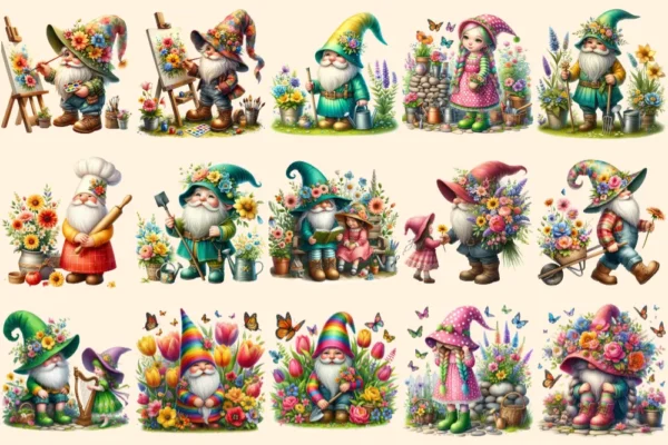 Spring Gnomes PNG Clipart Collection - 68 PNG, Wildflower gnome graphics, Spring garden printables, Commercial use, Digital download