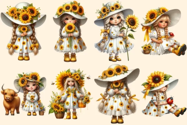Sunflower Girl Gnomes PNG Clipart Collection - 40 PNG, Sunny gnome graphics, Sunflower printables, Commercial use, Digital download