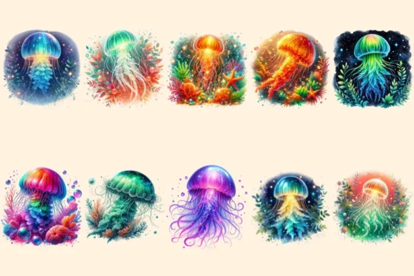 Glowing Jellyfish PNG Clipart Collection - 49 PNG, Underwater creature graphics, Ocean life printables, Commercial use, Digital download