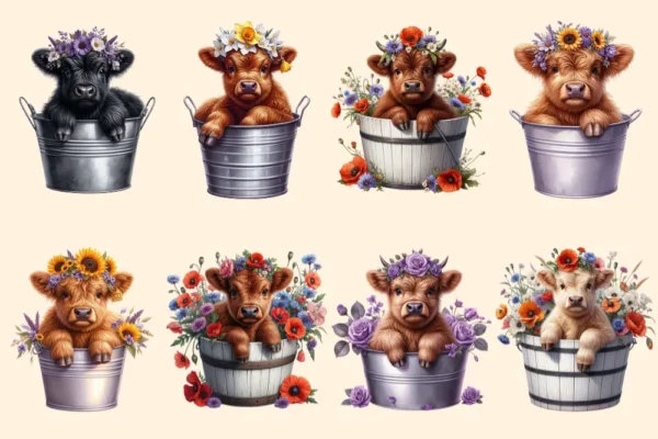 Highland Cows PNG Clipart Collection - 34 PNG, Cute cow illustrations, Charming highland cattle art, Commercial use, Digital download