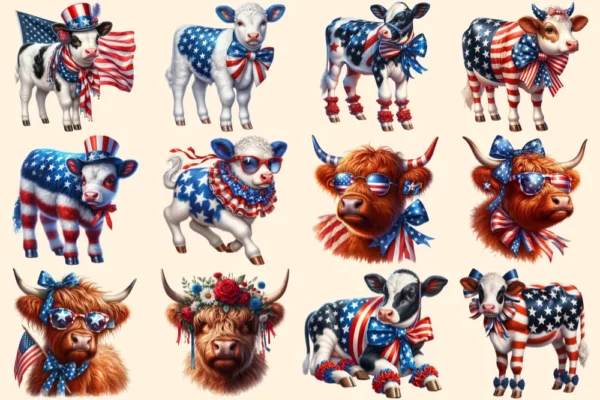4th of July Cows PNG Clipart Collection - 55 PNG, American pride calf graphics, Cow printables, Commercial use, Digital download