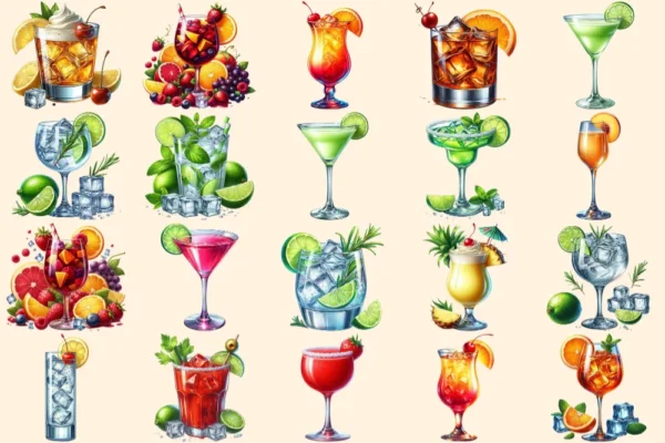 Cocktails PNG Clipart Collection - 96 PNG, Colorful beverage illustrations, Bar themed printables, Commercial use, Digital download