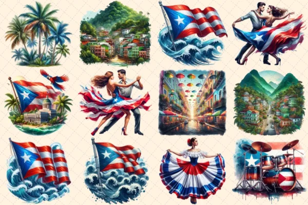 Puerto Rico (P-2) PNG Clipart Collection - 58 PNG, Tropical travel illustrations, Puerto rico island prints, Commercial use,Digital download