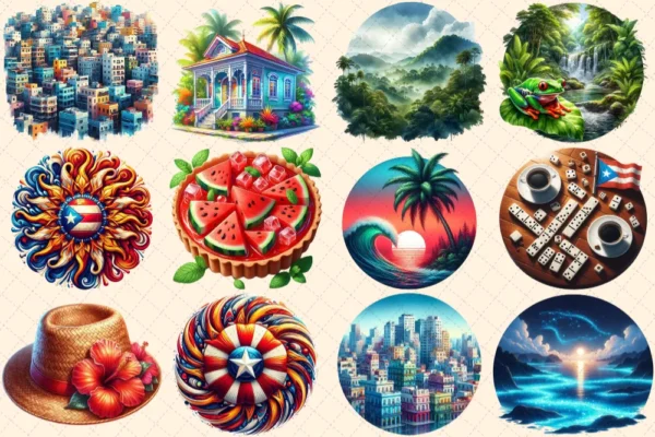 Puerto Rico (P-3) PNG Clipart Collection - 57 PNG, Tropical travel illustrations, Puerto rico island prints, Commercial use,Digital download