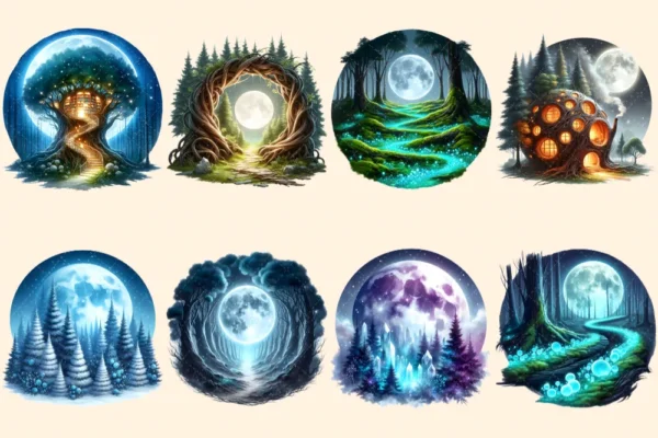 Forest Moons PNG Clipart Collection - 37 PNG, Moonlit fantasy illustrations, Forest magic printables, Commercial use, Digital download