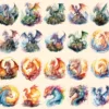 Elemental Dragons Watercolor Clipart Bundle - 190+ transparent PNG, Magical fairytale wyvern, Comic book, Commercial use, Digital download